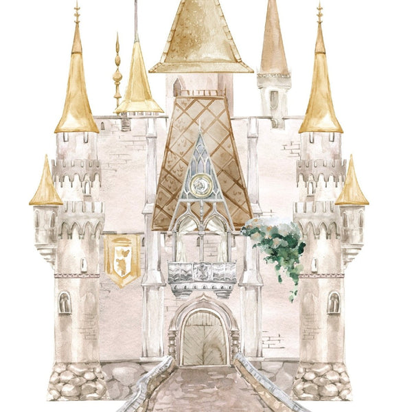 Watercolor illustration of Cover-Alls Fairytale Castle Decals with multiple spires, a central clock, and a grand entrance, featuring a princess figure.