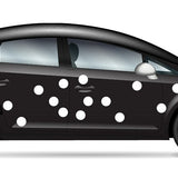 Black car with white Dot Decals by Cover-Alls, depicted in a side profile view on a white background.