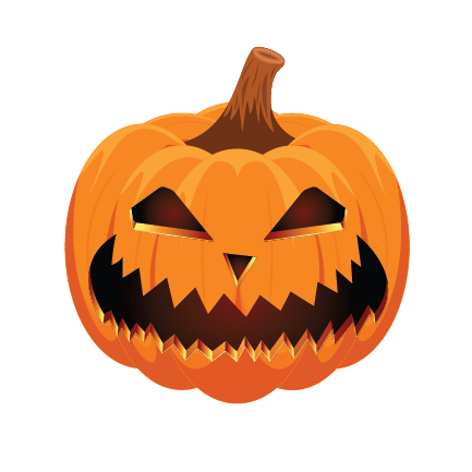 Illustration of a Cover-Alls Jack O' Lantern Pumpkin Decal with a menacing face against a dark green background.