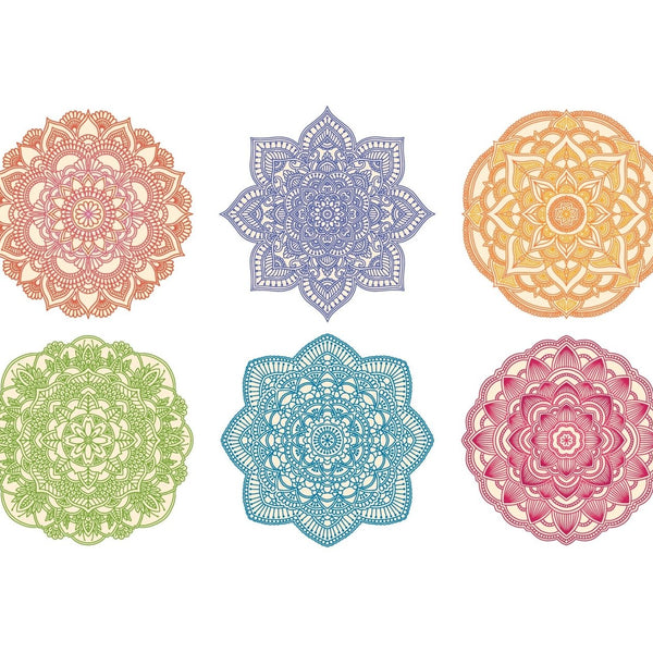 Six colorful Cover-Alls mandala decals in various intricate patterns, displayed in two rows with three mandalas each in shades of red, blue, yellow, green, teal, and pink.