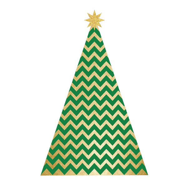 Graphic of a Cover-Alls Modern Christmas Tree Decal with gold and green zigzag patterns and a gold star on top, set against a dark green background.