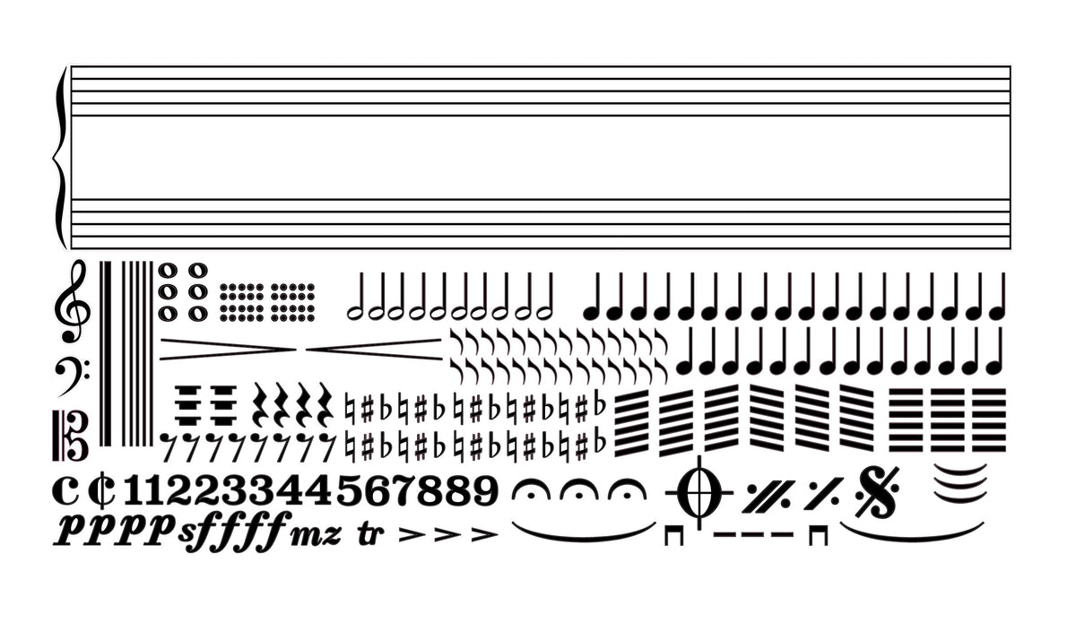 A Cover-Alls Wall Musical Notation Sticker Kit featuring a musical score with various musical notations, including notes, rests, accidentals, dynamics, and other symbols, all arranged in a fragmented, grid-like format on staff lines. Perfect for music lovers!