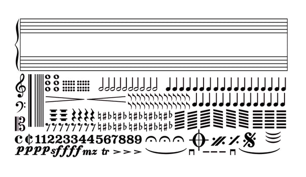 A Cover-Alls Wall Musical Notation Sticker Kit featuring a musical score with various musical notations, including notes, rests, accidentals, dynamics, and other symbols, all arranged in a fragmented, grid-like format on staff lines. Perfect for music lovers!