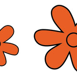 The Cover-Alls Mystery Machine Flowers features two simple orange, five-petal flowers with black outlines on a white background—one smaller on the left and one larger on the right.