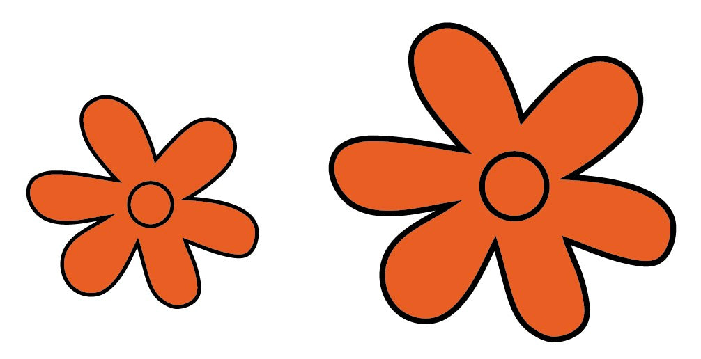 The Cover-Alls Mystery Machine Flowers features two simple orange, five-petal flowers with black outlines on a white background—one smaller on the left and one larger on the right.