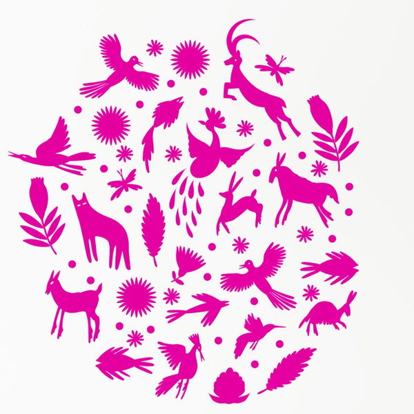 A vibrant pink Cover-Alls Otomi Animals and Flowers decal featuring a variety of animals and plants, including birds, deer, and flowers, arranged in a circular pattern on a white background.
