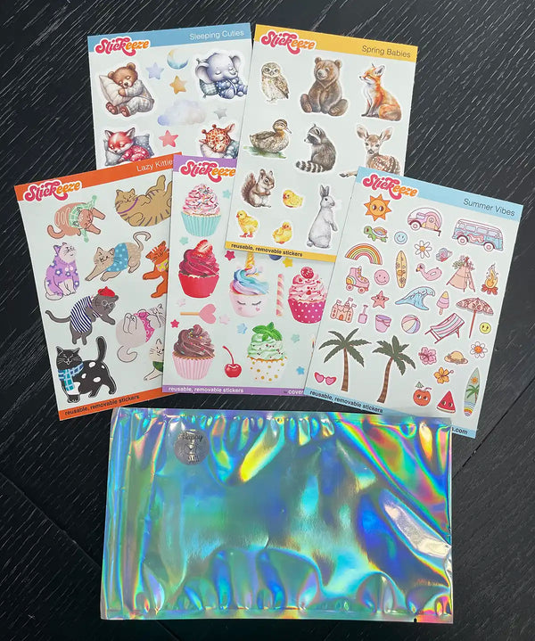 A collection of colorful, easy-peel Stickeeze Kid's Sticker Club sheets with various themes, including cute animals and summery icons, displayed beside a shiny holographic pouch on a dark surface.