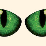 A pair of Cover-Alls stylized cat eyes decals with vivid green irises and dilated pupils, depicted against a pale background in the neighborhood.