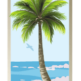 Arched window view of a beach with Cover-Alls Palm Tree Arch Scene Decals, sandy shore, and distant blue ocean under a light sky with fluffy clouds and a flying bird.