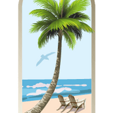 Arched window view of a tropical beach, featuring Cover-Alls' Palm Tree Arch Scene Decals, two deck chairs, and a distant seagull flying over the ocean.