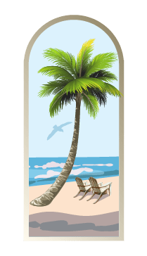 Arched window view of a tropical beach, featuring Cover-Alls' Palm Tree Arch Scene Decals, two deck chairs, and a distant seagull flying over the ocean.