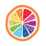 Illustration of a rainbow-segmented orange slice with segments in vibrant colors including yellow, red, purple, blue, and green. The fruit is shown in a cross-section view. Introducing Slice of the Rainbow by Cover-Alls.