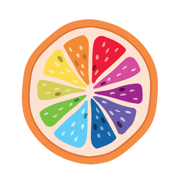 Illustration of a rainbow-segmented orange slice with segments in vibrant colors including yellow, red, purple, blue, and green. The fruit is shown in a cross-section view. Introducing Slice of the Rainbow by Cover-Alls.