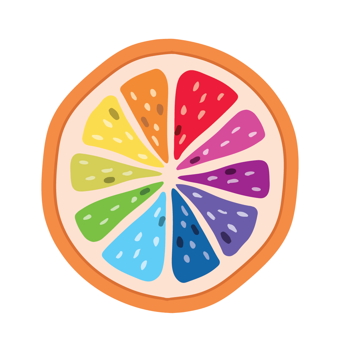 Illustration of a rainbow-segmented orange slice with segments in vibrant colors including yellow, red, purple, blue, and green. The fruit is shown in a cross-section view. Introducing Slice of the Rainbow by Cover-Alls.
