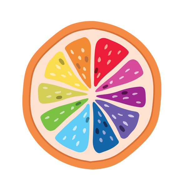 Illustration of a rainbow-segmented orange slice with segments in vibrant colors including yellow, red, purple, blue, and green. The fruit is shown in a cross-section view. Introducing Slice of the Rainbow by Cover-Alls.