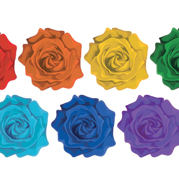 Seven Cover-Alls Roses in Rainbow Hues decals in different colors (red, orange, yellow, green, light blue, dark blue, and purple) arranged in two rows against a white background.