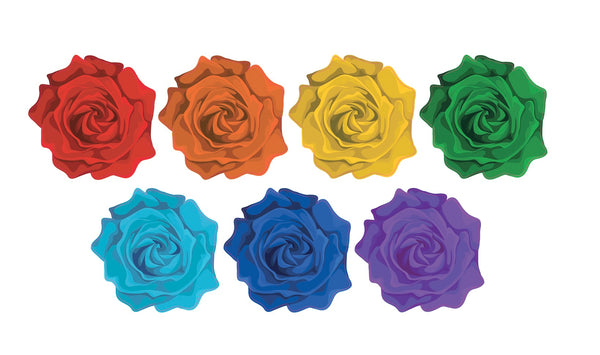 Seven Cover-Alls Roses in Rainbow Hues decals in different colors (red, orange, yellow, green, light blue, dark blue, and purple) arranged in two rows against a white background.