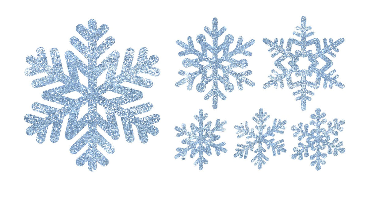 Image of six blue, glittery snowflakes of various sizes and designs on a white background, accented with bluish-silver Snowflake Decals by Cover-Alls.