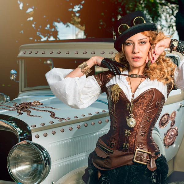 Woman in Cover-Alls Steampunk Rivet Decals adorned with 1.6" diameter rivets posing with a vintage car under tree-shaded light.