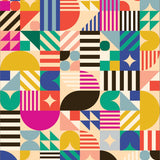 Cover-Alls' Bauhaus Tile Wallpaper showcases bold geometric patterns—circles, squares, and triangles—with stripes and solids in blue, pink, yellow, green, black, and beige. Ideal for wallpaper rolls or chic tile wallpaper designs.