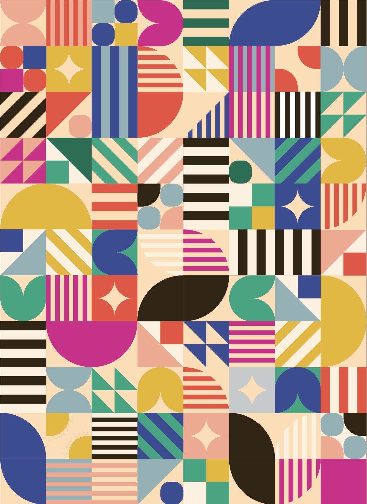 Cover-Alls' Bauhaus Tile Wallpaper showcases bold geometric patterns—circles, squares, and triangles—with stripes and solids in blue, pink, yellow, green, black, and beige. Ideal for wallpaper rolls or chic tile wallpaper designs.