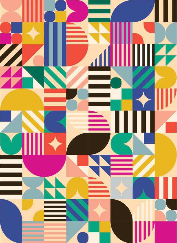 Cover-Alls' Bauhaus Tile Wallpaper showcases bold geometric patterns—circles, squares, and triangles—with stripes and solids in blue, pink, yellow, green, black, and beige. Ideal for wallpaper rolls or chic tile wallpaper designs.