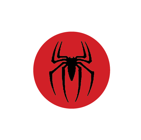 Cover-Alls' Web-Slinging Hero Icon Decal, featuring a stylized black spider silhouette on a red circular background with a city skyline decal, centered against a green backdrop.