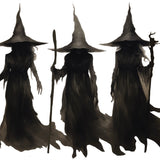 Three shadowy figures wearing pointed hats and holding staffs, shrouded in dark, flowing garments, stand in a line against a white background—a hauntingly beautiful scene captured in