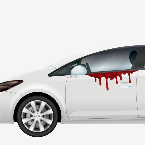 White car with red paint, mimicking Bloody Drips Decal detail from an open window, isolated on a white background.