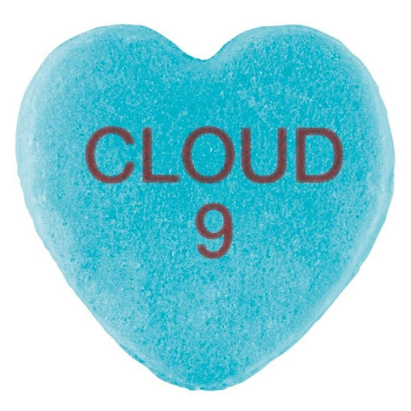 A blue, heart-shaped Candy Hearts with the words "cloud 9" embossed in red, perfect for Valentine's Day by Cover-Alls.