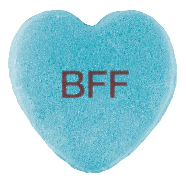 A heart-shaped blue Candy Hearts with the acronym "bff" stamped in red lettering, perfect for Valentine's Day by Cover-Alls.