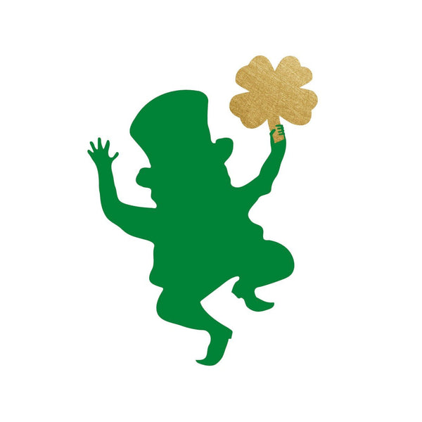 Dancing Leprechaun Silhouette with Gold Four Leafed Clover Decal - Cover-Alls Decals