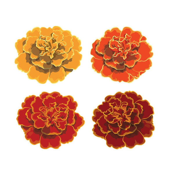 Four stylized Day of the Dead Marigolds in shades of orange and red, depicted with a gradient effect, isolated on a white background. [Brand Name: Cover-Alls]