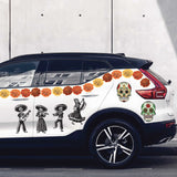White SUV decorated with colorful Cover-Alls Day of the Dead Painted Skull Calaveras decals, including painted skull figures and flowers, parked by a white wall.