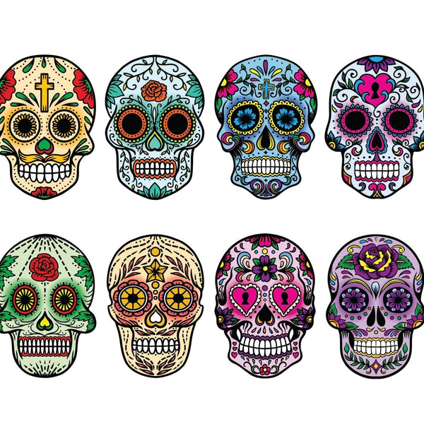 Eight Cover-Alls Day of the Dead Painted Skull Calaveras, each with unique patterns and vibrant floral motifs, representing traditional Mexican Day of the Dead decorations.