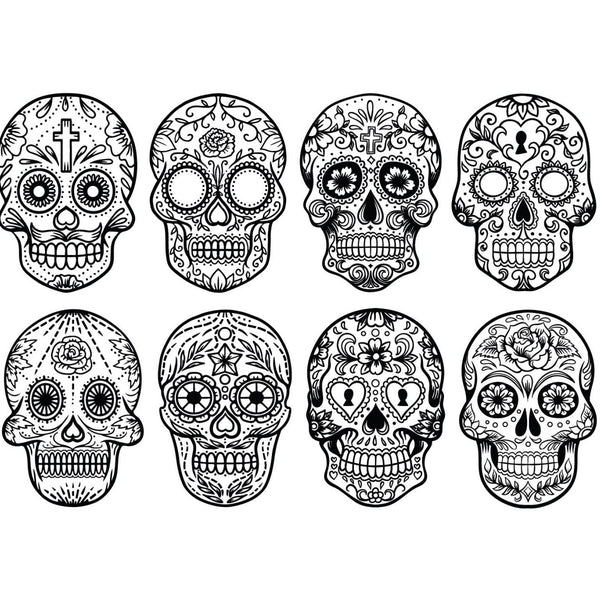 Eight detailed black and white illustrations of decorative sugar skulls, called calaveras, with various patterns including floral and cross motifs for Cover-Alls' Day of the Dead Painted Skull Calaveras celebrations.