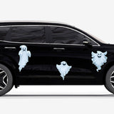 Black suv with seven Cover-Alls Ghost Decals of varying sizes adhered to the windows, depicted on a plain white background.