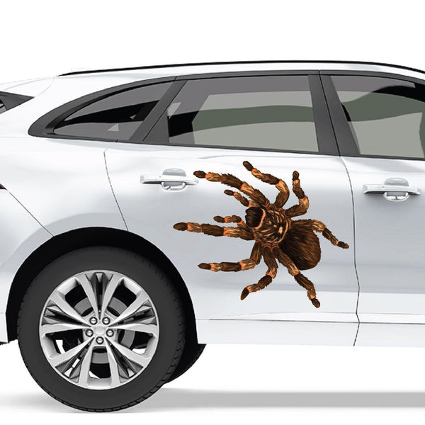 A large Hairy Tarantula Decal from Cover-Alls on the door of a white SUV, giving an illusion of the spider crawling on the vehicle.