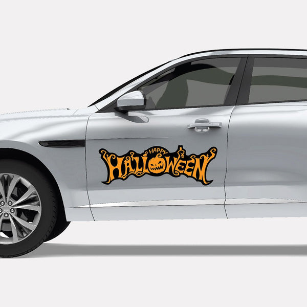 Side view of a white SUV with a black and orange Cover-Alls Happy Halloween Decal on the door.