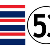 Flag with three blue stripes, two red stripes, and two white stripes on the left; three round icons each with the number 53, resembling Cover-Alls Herbie the Race Car Decals, on the right.