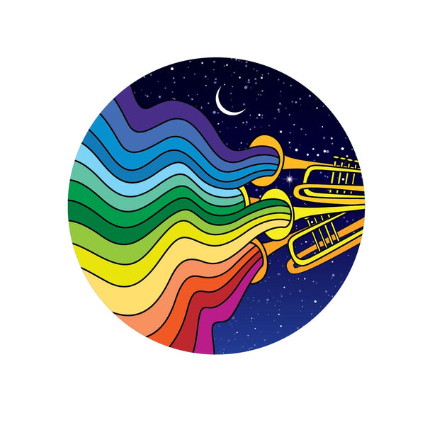 Colorful abstract waves flowing into a starry night sky with a crescent moon and skyscrapers in the background, punctuated by the vibrant sounds of trumpets from Cover-Alls' Jazzy Night Decal.
