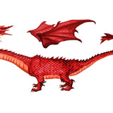 Illustration of a Cover-Alls Red Dragon car decoration in three separate views: head detail, full body profile, and expanded wings.