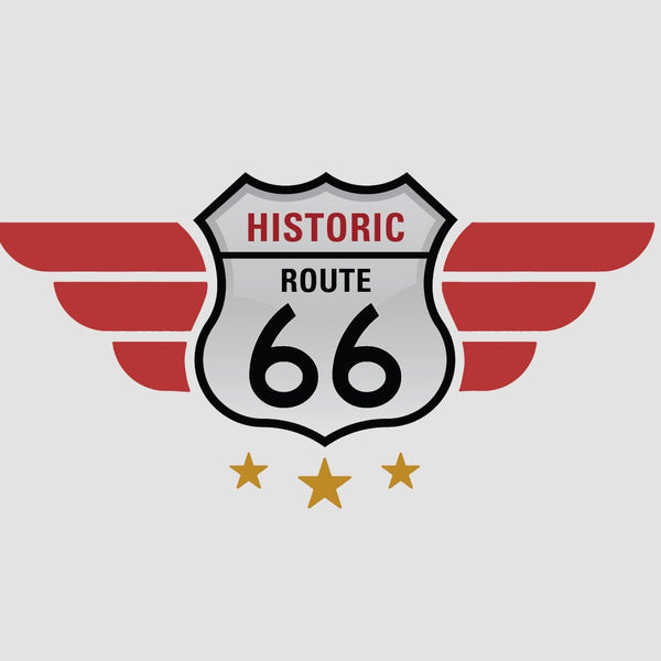 Cover-Alls Route 66 decals featuring a shield design, akin to a car hood ornament, with wings, the number 66, and two stars, all in black, red, and white colors.