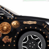 Side view of a black car decorated with Cover-Alls Steampunk Anchor Decal, brass gears, cogs, and an airship anchor, with a plaque reading 