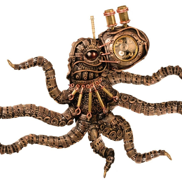 A Cover-Alls Steampunk Octopus Decal with intricate gears and piping, featuring goggles and a clock on its head, isolated on a white background.