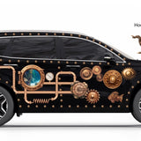 Side view of a black car with Steampunk Rivet Decals from Cover-Alls attached to its body, including 1.6