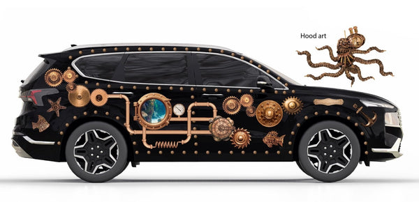 Side view of a black car with Steampunk Rivet Decals from Cover-Alls attached to its body, including 1.6" diameter rivets and mechanical elements, with a label reading "hood art.