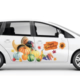 White minivan with Cover-Alls Thanksgiving Cornucopia Decals including pumpkins, a cornucopia, and autumn leaves on its side.