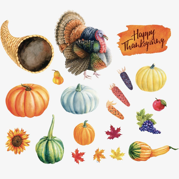 Assorted watercolor illustrations featuring Cover-Alls Thanksgiving Cornucopia Decals, including a turkey feast, pumpkins, cornucopia, vegetables, fruits, and autumn leaves.
