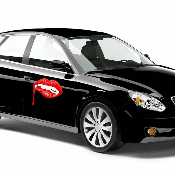 Black sedan with glossy finish, featuring detailed Cover-Alls vampire lip decals on the driver's door, displayed on a plain white background.